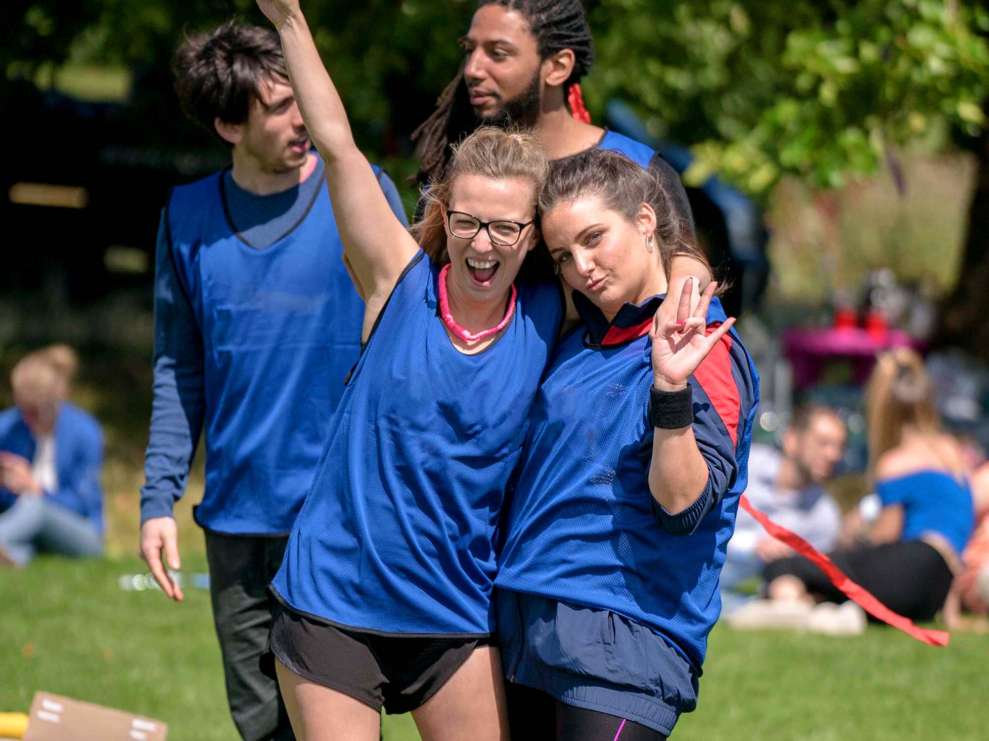 Group taking part in fun sports challenges at Manchester team event